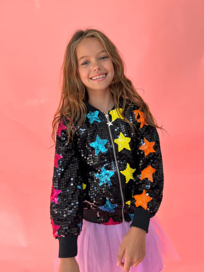 Lola + The Boys Rainbow Star Sequin Bomber