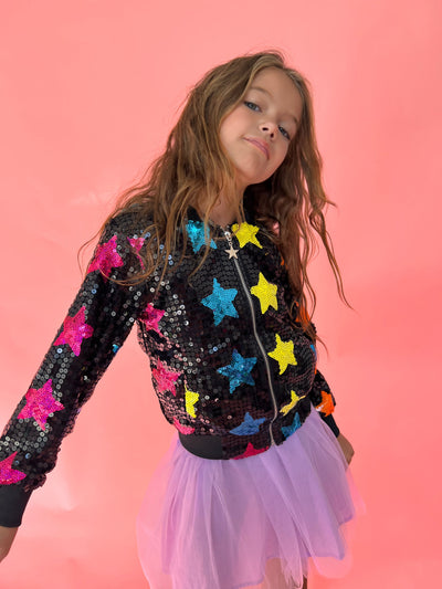 Lola + The Boys Rainbow Star Sequin Bomber