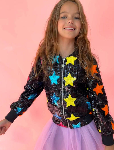 Lola + The Boys Rainbow Star Sequin Bomber