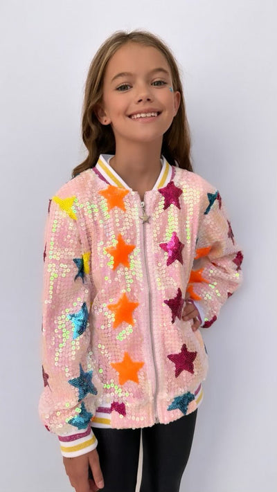 Lola + The Boys Rainbow Stars Sequin Bomber