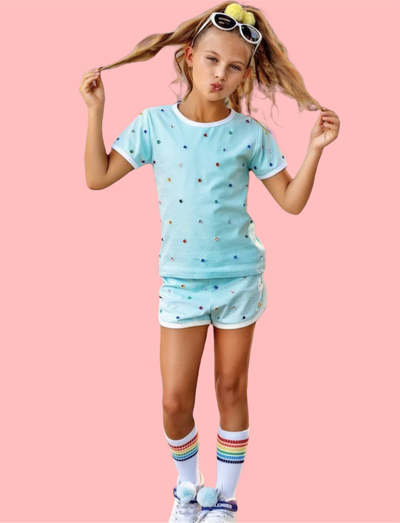 Lola + The Boys Set Baby Blue Rainbow Gem Short Set