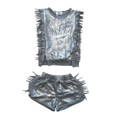 Lola + The Boys Set Metallic Silver Fringe Short Set