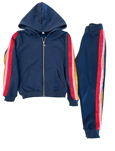 Lola + The Boys Set Rainbow Sequin Navy Joggers Hoodie Set