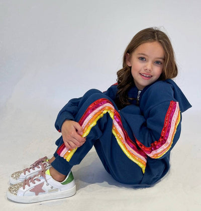 Lola + The Boys Set Rainbow Sequin Navy Joggers Hoodie Set