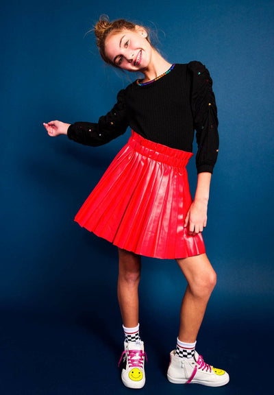 Lola + The Boys Skirts Red Pleated Vegan Leather Mini Skirt