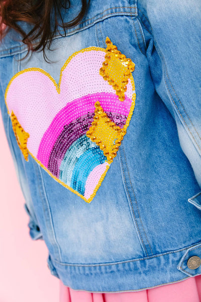 Lola + The Boys Sparkle Rainbow Heart Denim Jacket