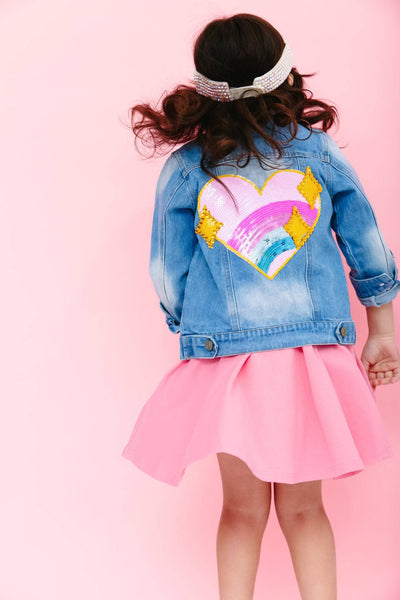 Lola + The Boys Sparkle Rainbow Heart Denim Jacket