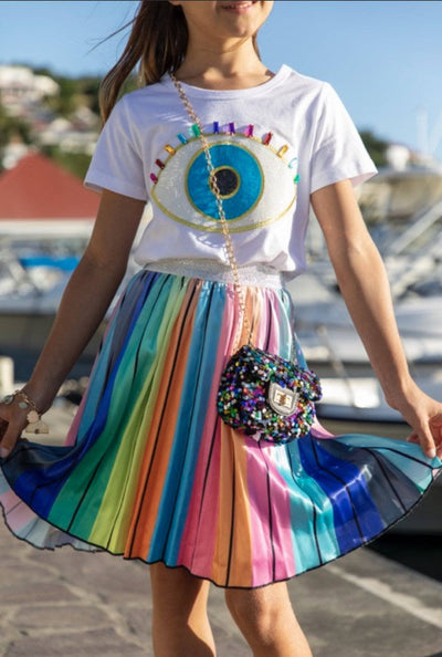 Lola + The Boys Tees White Rainbow Evil Eye Tee