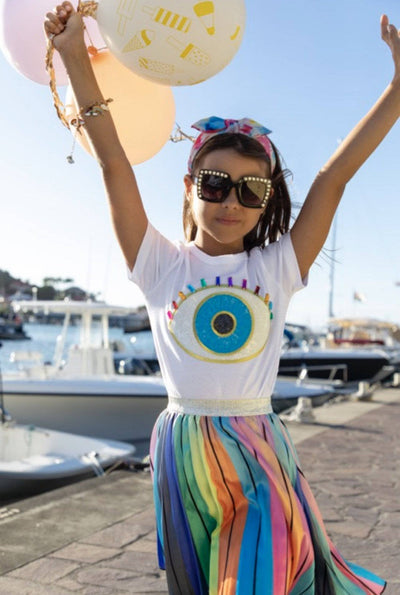 Lola + The Boys Tees White Rainbow Evil Eye Tee