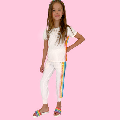 Lola + The Boys White sequin rainbow jogger set