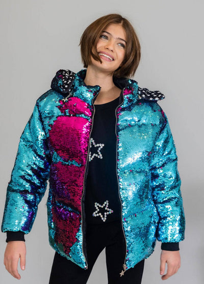 Lola + The Boys Adult Small Womens Magic Sequin Flip Puffer Coat