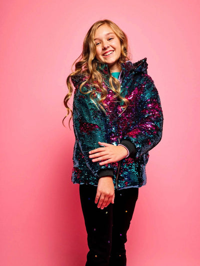 Lola + The Boys Womens Magic Sequin Flip Puffer Coat