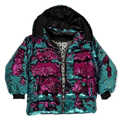 Lola + The Boys Womens Magic Sequin Flip Puffer Coat