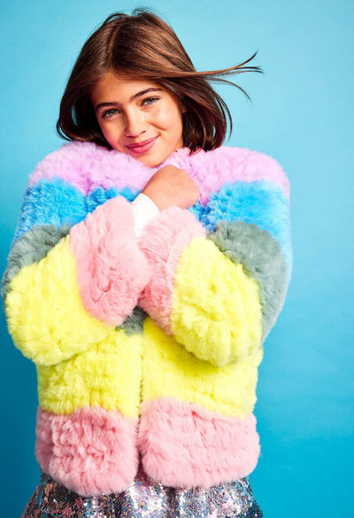 Lola + The Boys Womens Rainbow Candy Striped Fur Jacket