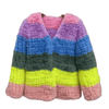 Lola + The Boys Womens Rainbow Candy Striped Fur Jacket