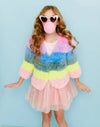 Lola + The Boys Womens Rainbow Candy Striped Fur Jacket