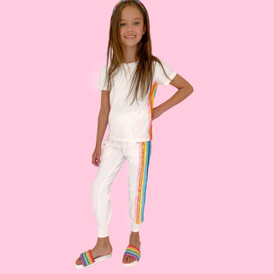 Lola + The Boys Womens White Rainbow Sequin Jogger Set